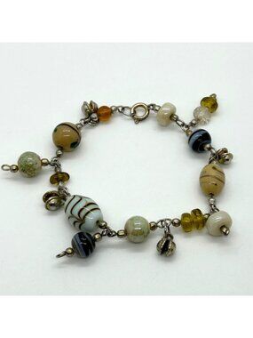 Vintage Lampwork Glass Bead Silver-tone Charm Bracelet Handmade Artisan Jewelry